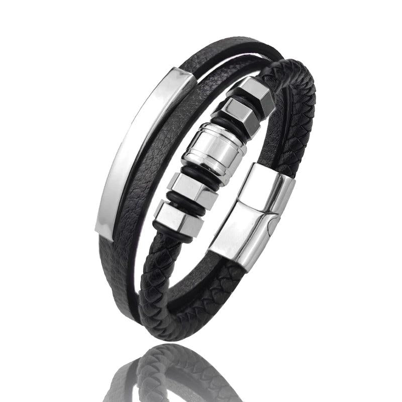 Stainless Steel Plated Hexagon Charm Men's Leather Bracelet