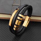 Stainless Steel Plated Hexagon Charm Men's Leather Bracelet