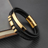 Stainless Steel Plated Hexagon Charm Men's Leather Bracelet