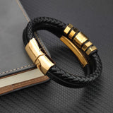 Stainless Steel Plated Hexagon Charm Men's Leather Bracelet