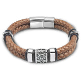 TeHao Woven Leather Men's Bracelet with Steel Bead Bangle