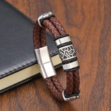 TeHao Woven Leather Men's Bracelet with Steel Bead Bangle