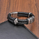 TeHao Woven Leather Men's Bracelet with Steel Bead Bangle