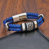 TeHao Woven Leather Men's Bracelet with Steel Bead Bangle
