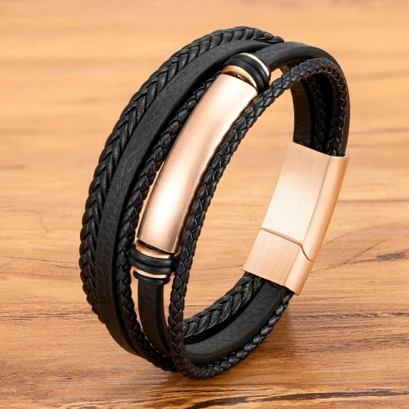 Braided Men Leather Bracelet Steel Clasp Charm Bangles