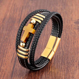 Stone Cross Men Bracelet Leather Cord Tiger Eye Stainless Steel Charm