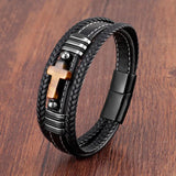 Stone Cross Men Bracelet Leather Cord Tiger Eye Stainless Steel Charm