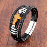 Stone Cross Men Bracelet Leather Cord Tiger Eye Stainless Steel Charm