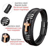 Stone Cross Men Bracelet Leather Cord Tiger Eye Stainless Steel Charm