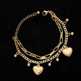 Stainless Steel Women's Double Layer Charm Bracelet Heart Coin Pendant