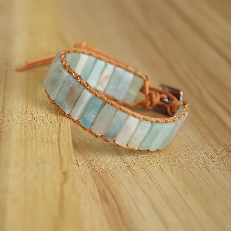 Boho Leather Wrap Bracelet & Bangle with Amazonite Beads