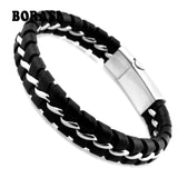 Stainless Steel Mens Bracelet Leather Knitted Magnetic Clasp Men Jewelry