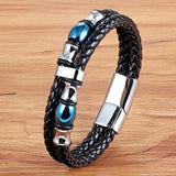 Men's Two Layers Brown Leather Bracelet Stainless Steel Bangles Charm