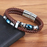 Men's Two Layers Brown Leather Bracelet Stainless Steel Bangles Charm
