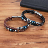 Men's Two Layers Brown Leather Bracelet Stainless Steel Bangles Charm