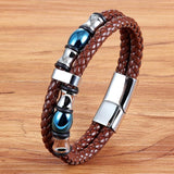 Men's Two Layers Brown Leather Bracelet Stainless Steel Bangles Charm