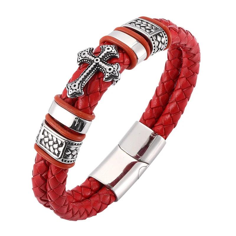 Red Braided Leather Cross Bracelet Men Jewelry Stainless Steel Magnetic Clasp