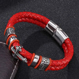 Red Braided Leather Cross Bracelet Men Jewelry Stainless Steel Magnetic Clasp