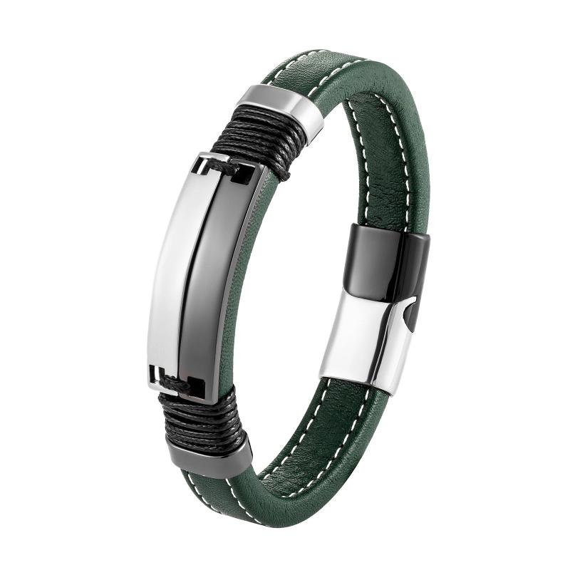 Punk Style Multicolor Stainless Steel Men's Bracelet Green Leather Cord