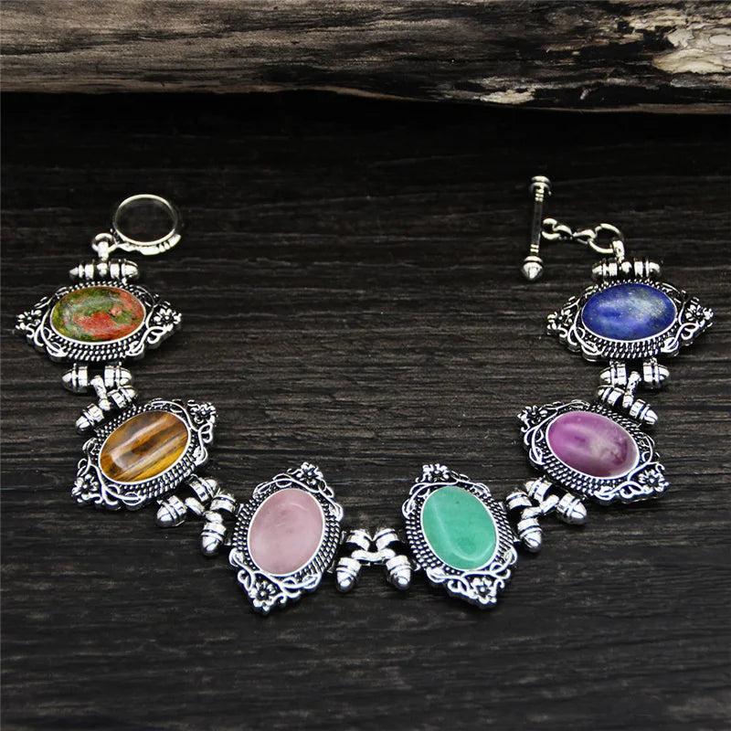 Oval Plant Flower Amethysts Quartz Bracelet Antique Silver Plated Unakite Jade