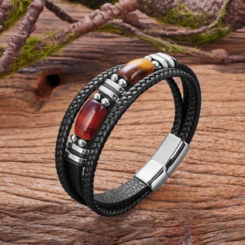 Red Tiger Eye Stone Men's Bracelet, Multi-layer Braided Leather