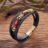 Red Tiger Eye Stone Men's Bracelet, Multi-layer Braided Leather