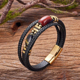 Red Tiger Eye Stone Men's Bracelet, Multi-layer Braided Leather