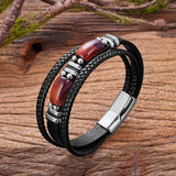 Red Tiger Eye Stone Men's Bracelet, Multi-layer Braided Leather