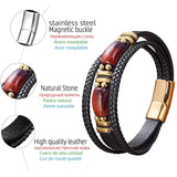 Red Tiger Eye Stone Men's Bracelet, Multi-layer Braided Leather