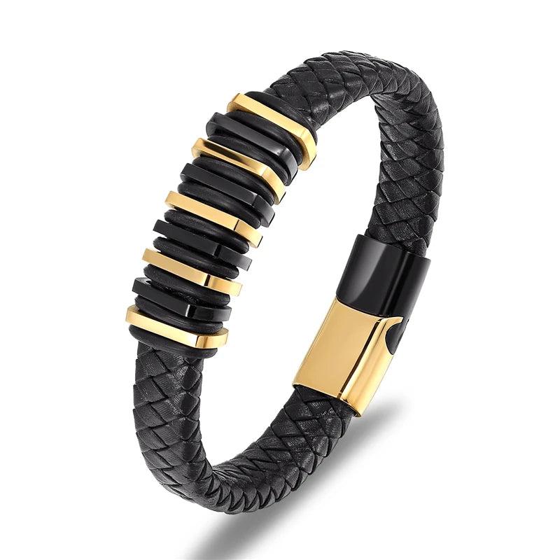 Steel & Leather Men's Bracelet Bangle Set