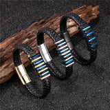 Steel & Leather Men's Bracelet Bangle Set