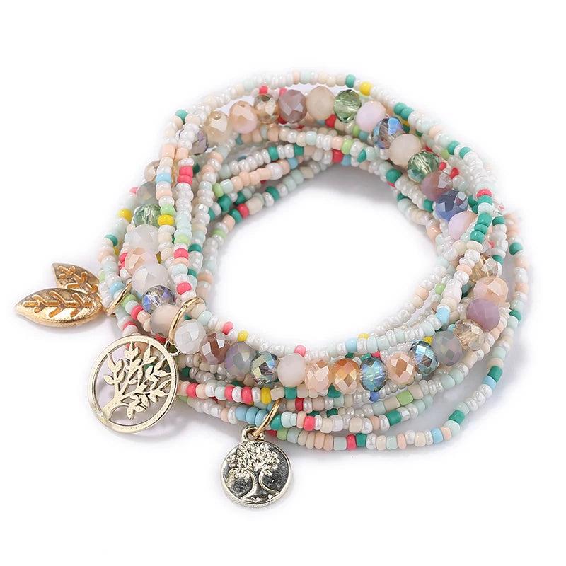 Bohemia Multilayer Elastic Set Bracelets For Women Life Tree Charm Bangles