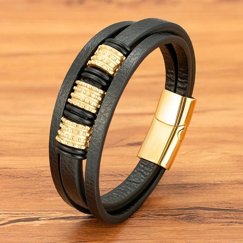 Men's Stainless Steel Bead Leather Bracelet Multi-Layer Bangle