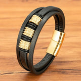 Men's Stainless Steel Bead Leather Bracelet Multi-Layer Bangle