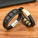 Men's Stainless Steel Bead Leather Bracelet Multi-Layer Bangle