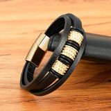 Men's Stainless Steel Bead Leather Bracelet Multi-Layer Bangle