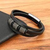 Men's Stainless Steel Bead Leather Bracelet Multi-Layer Bangle