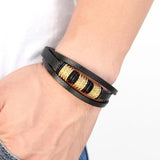 Men's Stainless Steel Bead Leather Bracelet Multi-Layer Bangle