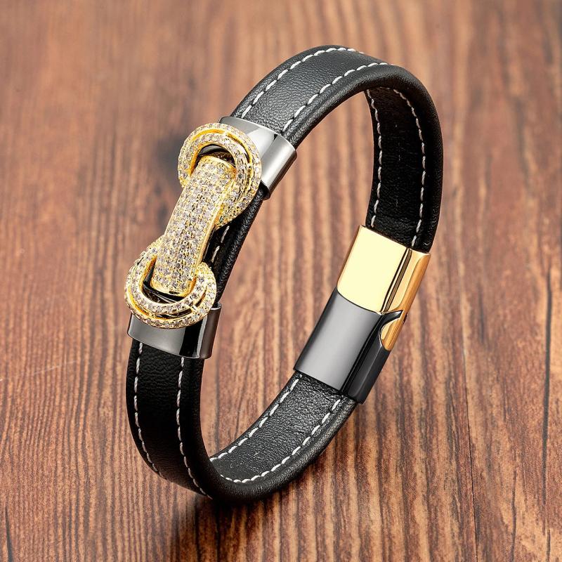 Micro Inlay CZ Charm Bracelet Black Leather Rope Men's Bracelet