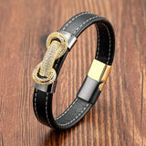 Micro Inlay CZ Charm Bracelet Black Leather Rope Men's Bracelet