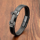 Micro Inlay CZ Charm Bracelet Black Leather Rope Men's Bracelet