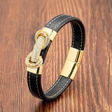 Micro Inlay CZ Charm Bracelet Black Leather Rope Men's Bracelet