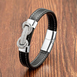 Micro Inlay CZ Charm Bracelet Black Leather Rope Men's Bracelet