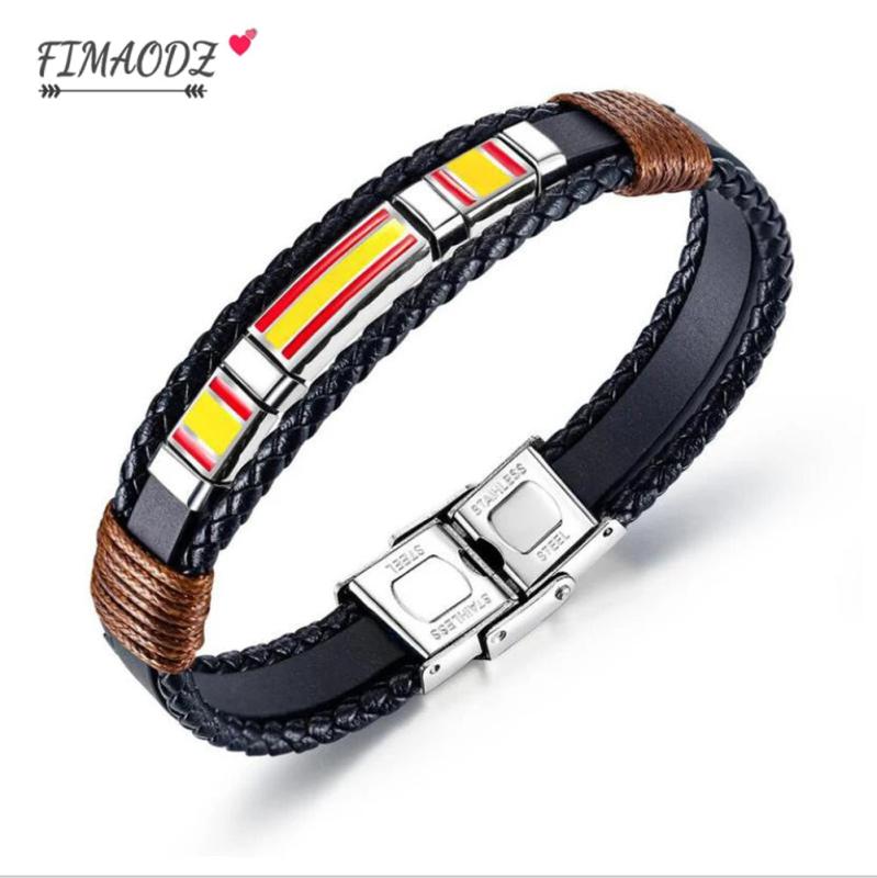 Spain Flag Bracelet Men Stainless Steel Vintage Handwoven Leather