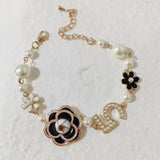 Crystal Camellia Flower Pearl Bead Bracelet Bangle