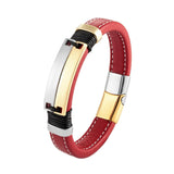 Double Row Stainless Steel Punk Bracelet Red Leather Wide Unisex Couple