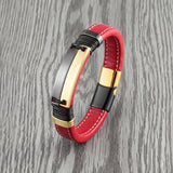 Double Row Stainless Steel Punk Bracelet Red Leather Wide Unisex Couple