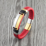 Double Row Stainless Steel Punk Bracelet Red Leather Wide Unisex Couple