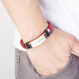 Double Row Stainless Steel Punk Bracelet Red Leather Wide Unisex Couple
