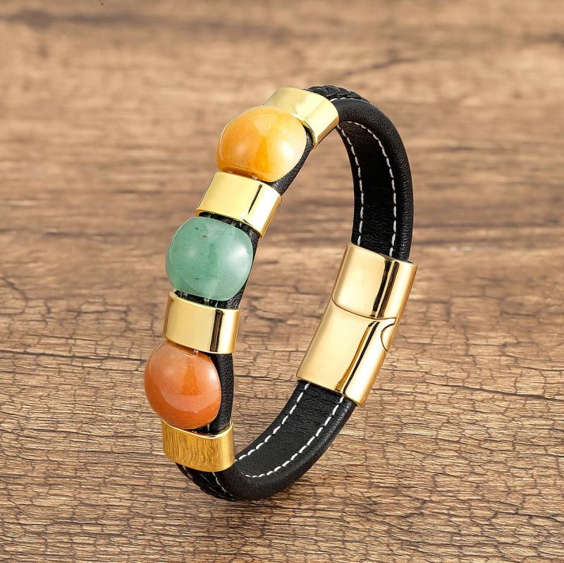 Round Stone Beads Bracelets Stainless Steel Leather Rope Bangles